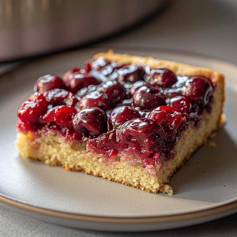 A close-up shot of a slice of cherry dump cake on a light grey ceramic plate.