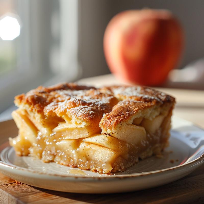 Close-up of a slice of apple dump cake on a wooden board.