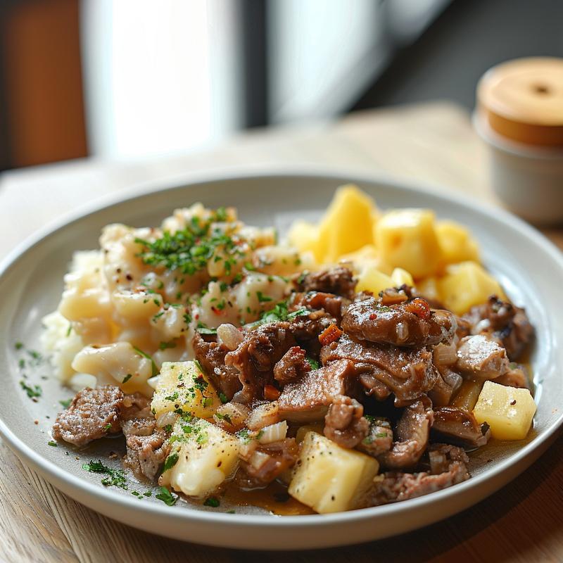 Close-up of a plated portion of German and American comfort food, showcasing texture and colors on a grey ceramic plate.