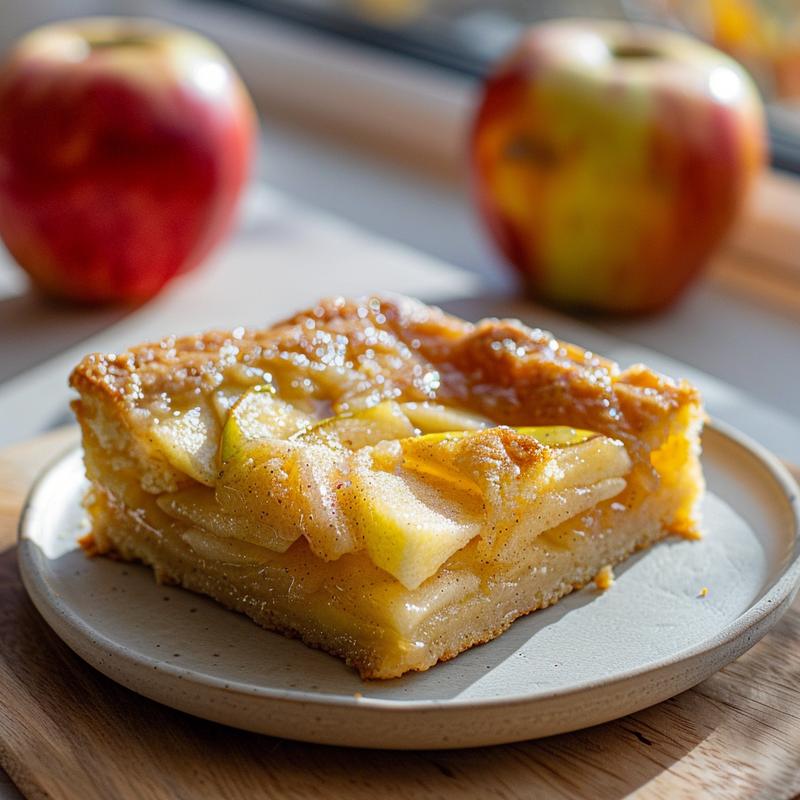A close-up of a slice of apple dump cake on a light wood board.