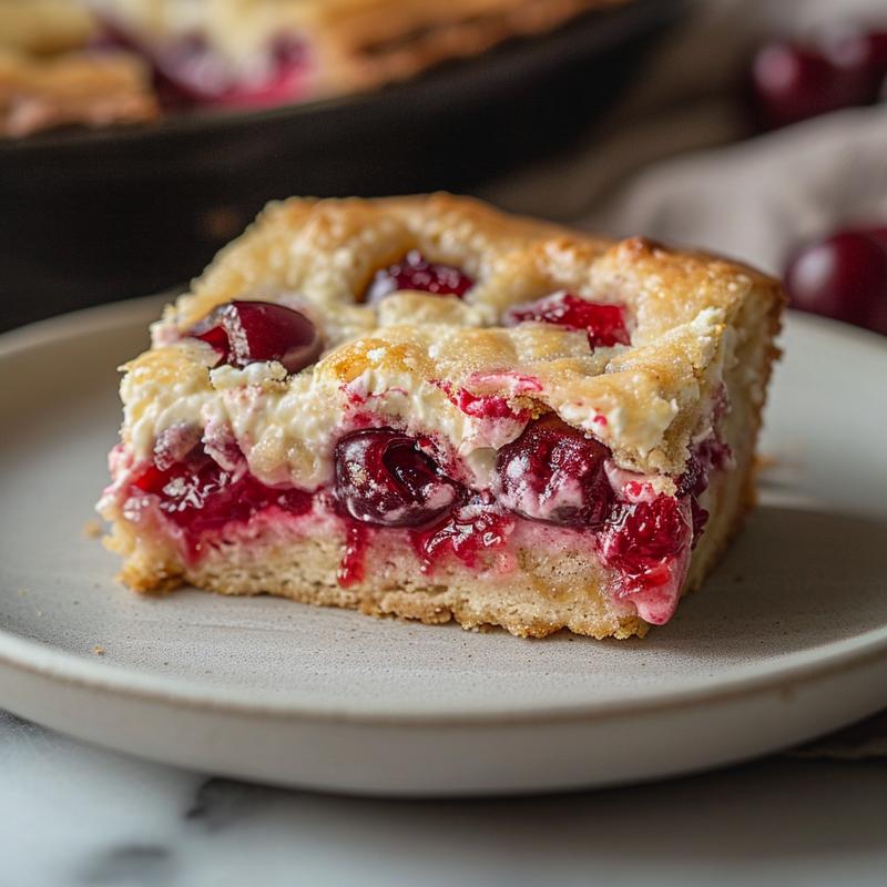 Close-up of a creamy slice of cherry dump cake on a grey ceramic plate.