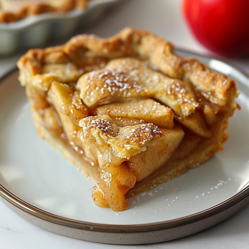 Close-up of a perfectly sliced apple pie dump cake on a white plate, placed on a white marble surface.