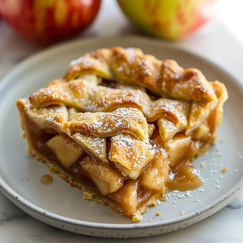 Close-up of a perfectly sliced apple pie dump cake on a white marble surface.