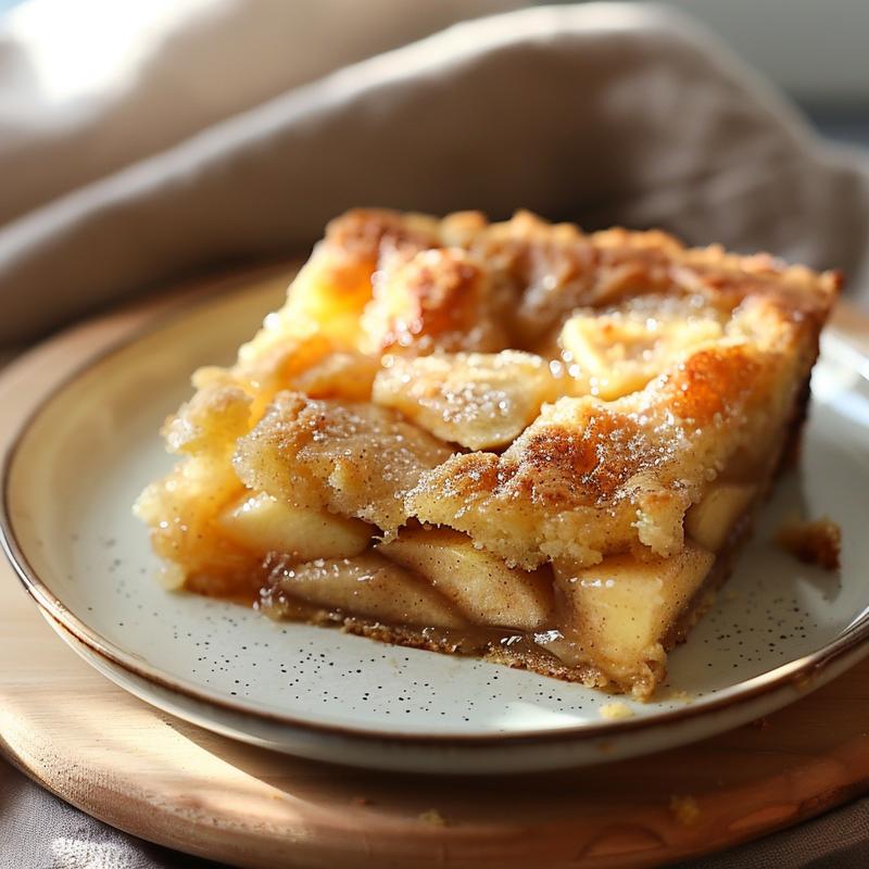 Close-up of a moist slice of blueberry dump cake on a light wood board.