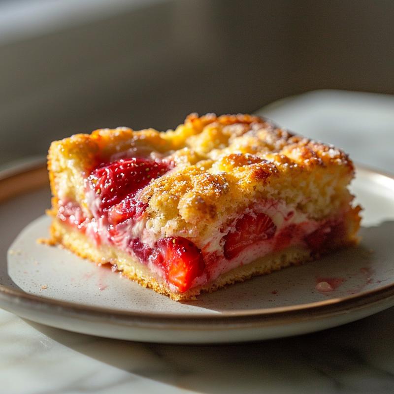 A close-up of a slice of strawberry cream cheese dump cake on a white plate against a marble surface, showcasing its texture and layers.