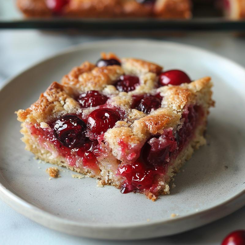 A close-up of a slice of cherry dump cake on a light grey plate, showcasing its moist texture and toppings.