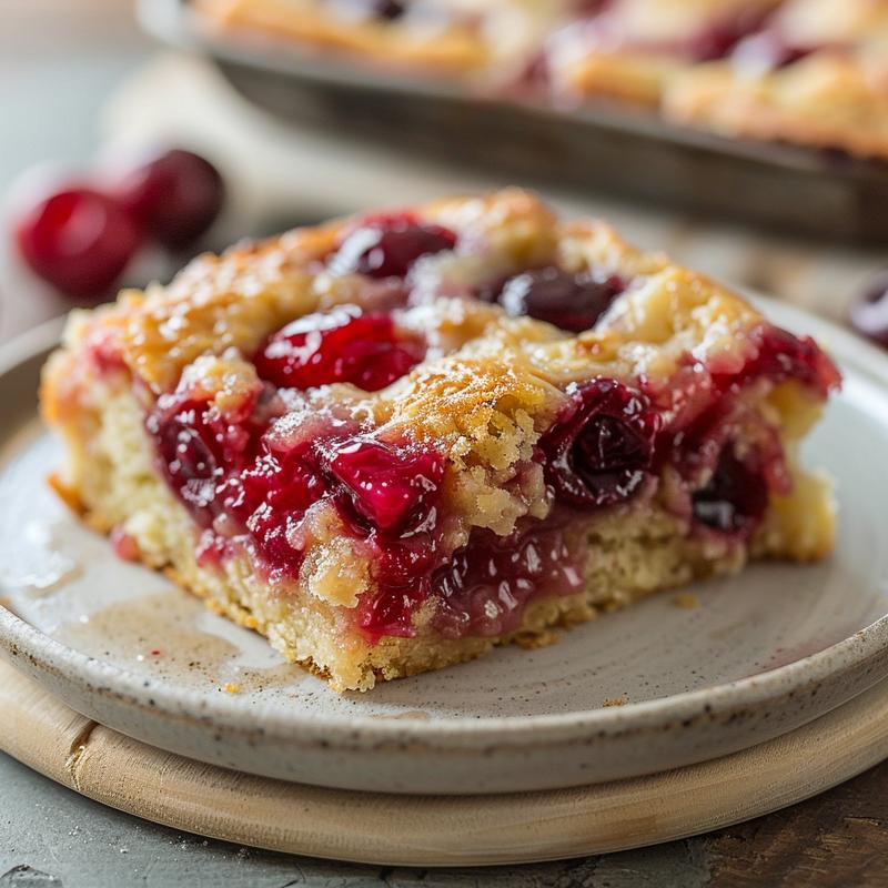Close-up of a slice of cherry dump cake on a light wood board.