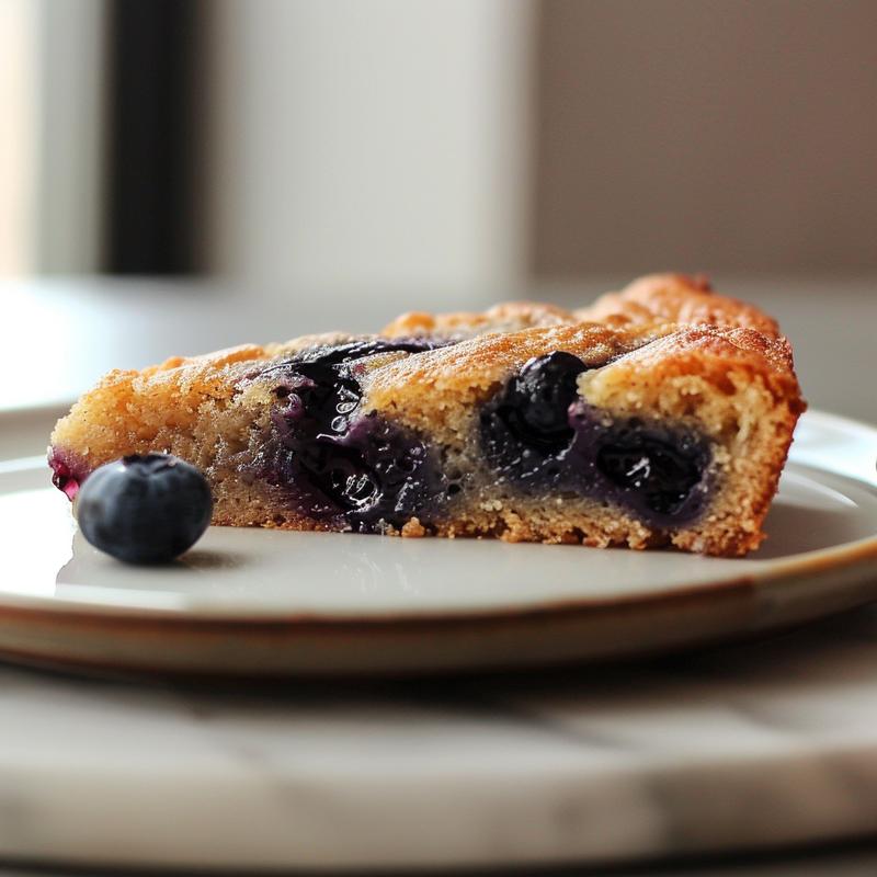 A close-up of a slice of blueberry dump cake on a white marble plate.