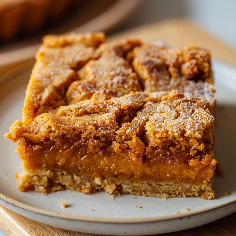 A perfectly sliced pumpkin dump cake on a minimalist plate atop a light wood board, with natural lighting highlighting its texture.