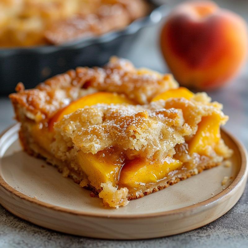 Close-up of a slice of peach dump cake on a light wood board, showcasing its texture.