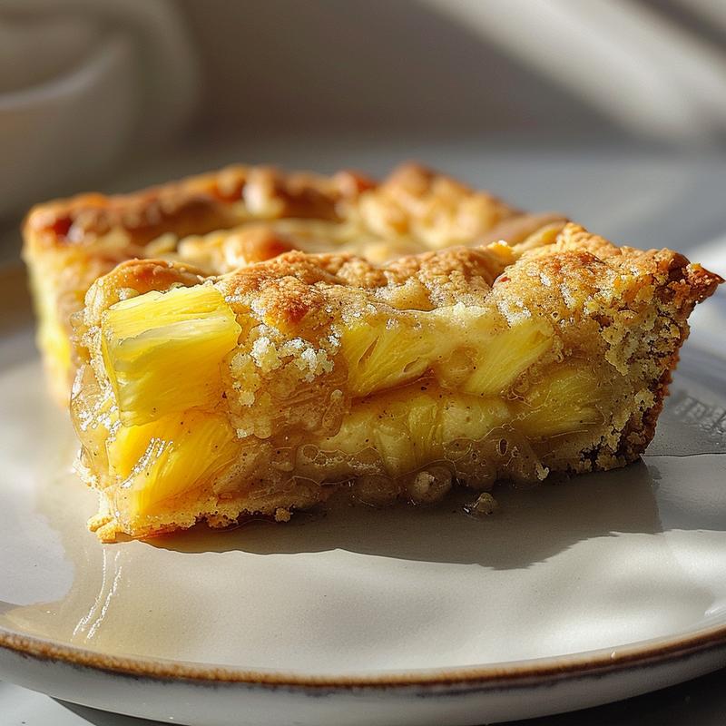 A close-up of a slice of pineapple dump cake cobbler on a light grey plate.