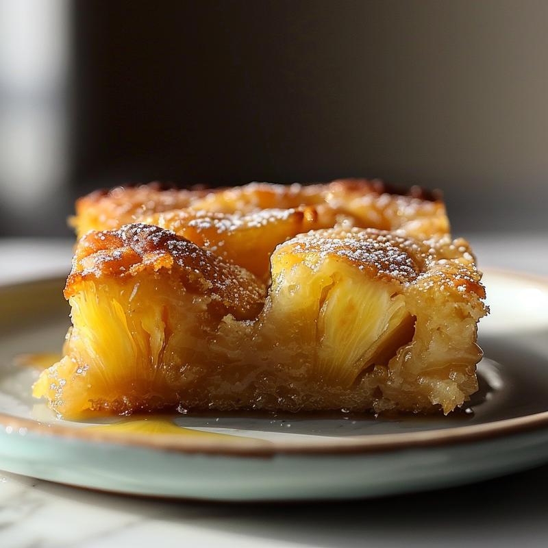 A close-up of a slice of pineapple dump cake on a white plate against a marble background.