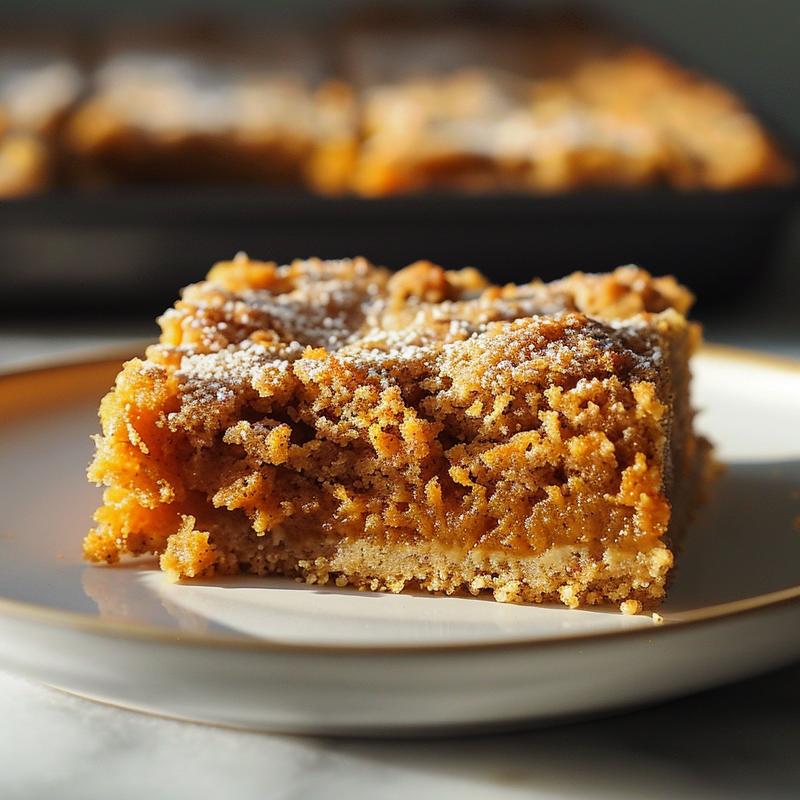 Close-up of a slice of pumpkin dump cake on a white marble plate, showcasing its texture.