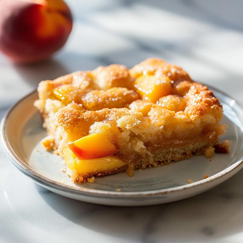 Close-up of a slice of peach dump cake on a white marble plate, showcasing its texture.