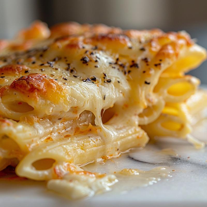 Close-up view of a cheesy baked penne dish on a marble surface.
