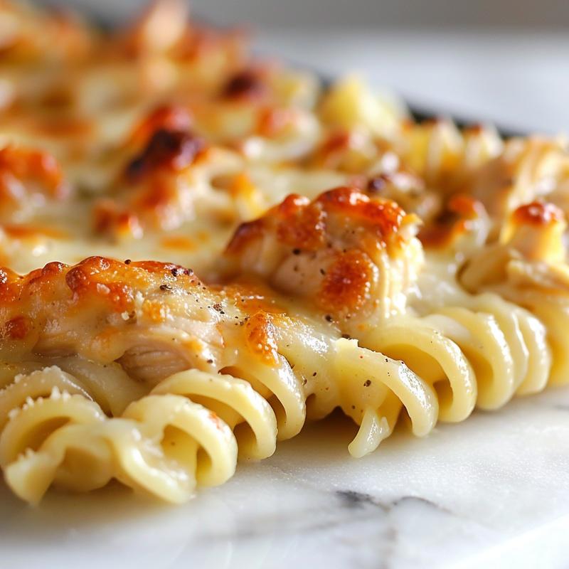 Close-up of a cheesy garlic chicken pasta bake on a white marble surface, showing rich textures and melted cheese.