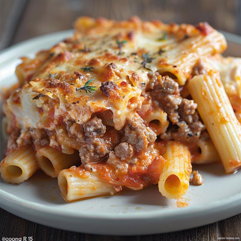Close-up of a creamy Italian pasta bake on a light grey ceramic plate with defined textures.