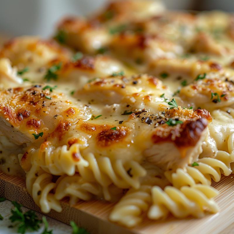 Close-up of a cheesy garlic chicken pasta bake on a wooden board.