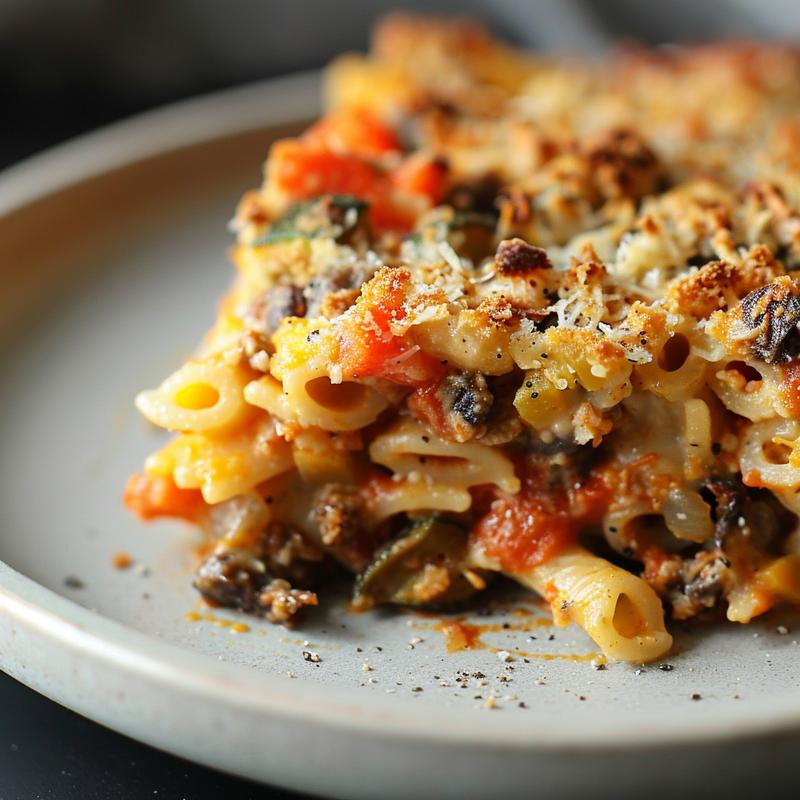 Close-up of a colorful veggie pasta bake on a light grey ceramic plate.