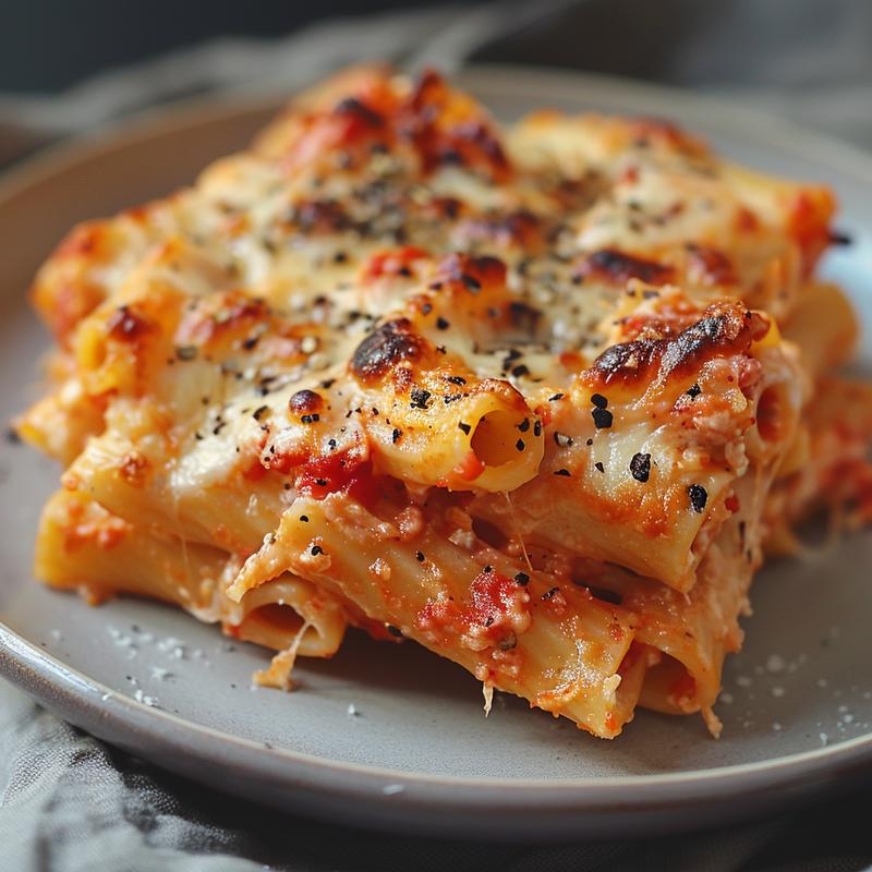 Close-up view of a golden-brown no-boil pasta bake on a light grey plate.