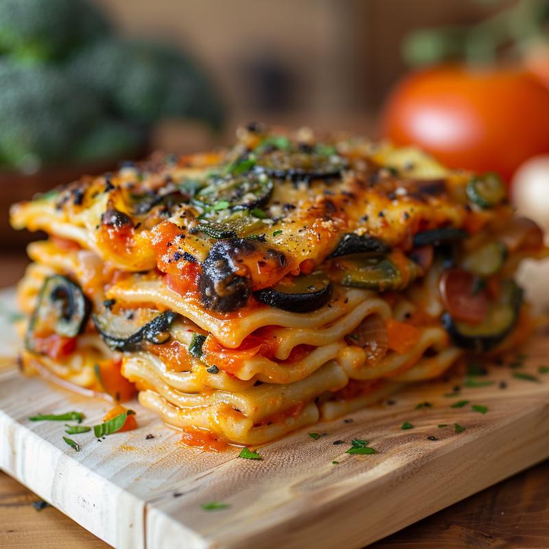 Close-up of a creamy broccoli pasta bake on a wooden board with natural light.