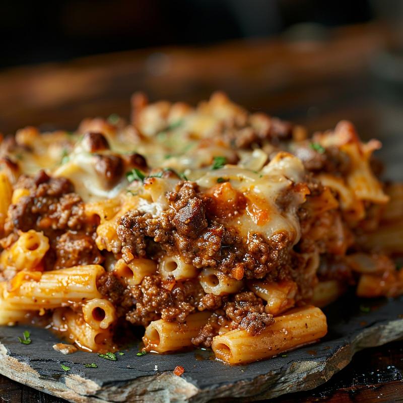 Close-up of a delicious ground beef and pasta casserole on a rustic slate plate.