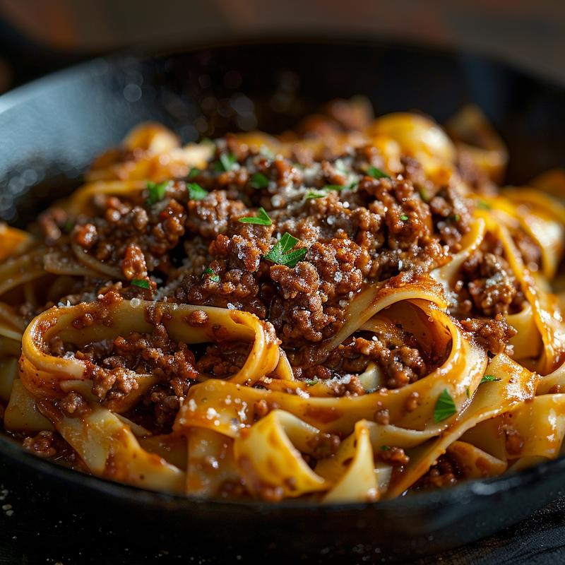 Close-up of a serving of ground beef pasta with rich sauce on a cast iron surface.
