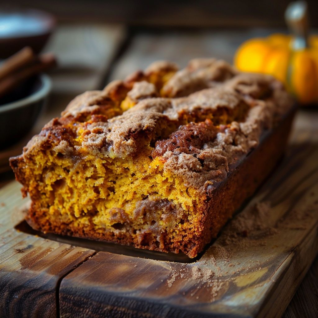A loaf of cinnamon pumpkin bread sliced and displayed on a wooden cutting board.