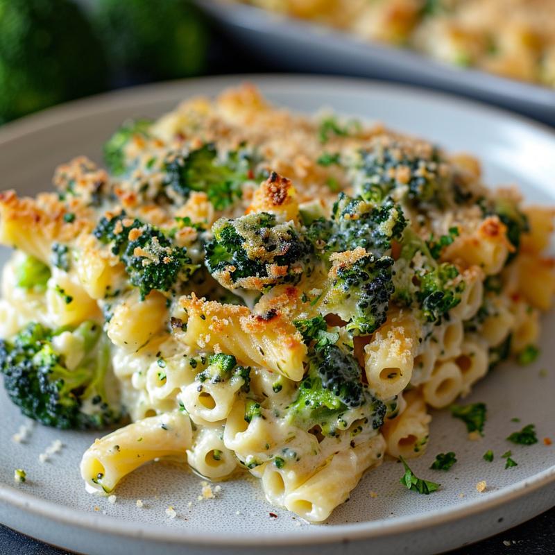 Close-up of a creamy no-boil broccoli pasta bake on a light grey plate.