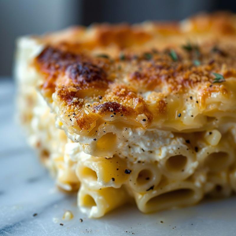 Close-up of a creamy ricotta pasta bake with golden-brown edges on a white marble surface.