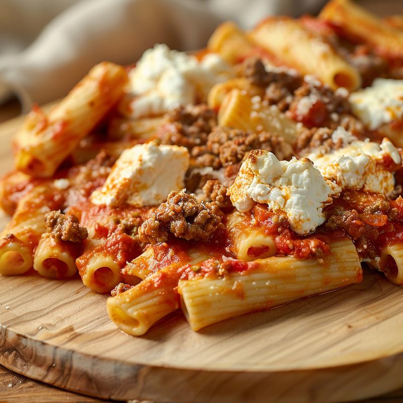 Close-up of baked ziti topped with ricotta cheese and meat sauce on a wooden board.