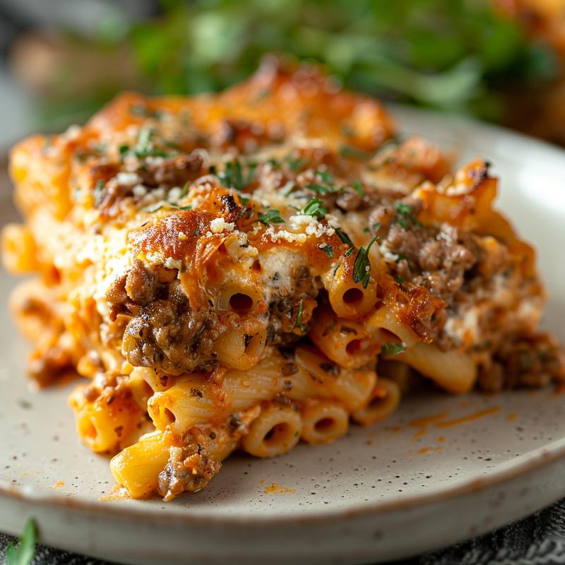 Close-up of a healthy chicken and broccoli pasta bake on a light grey plate.
