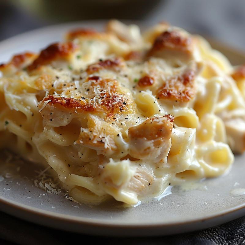 Close-up of baked chicken alfredo pasta in a minimalist setting.