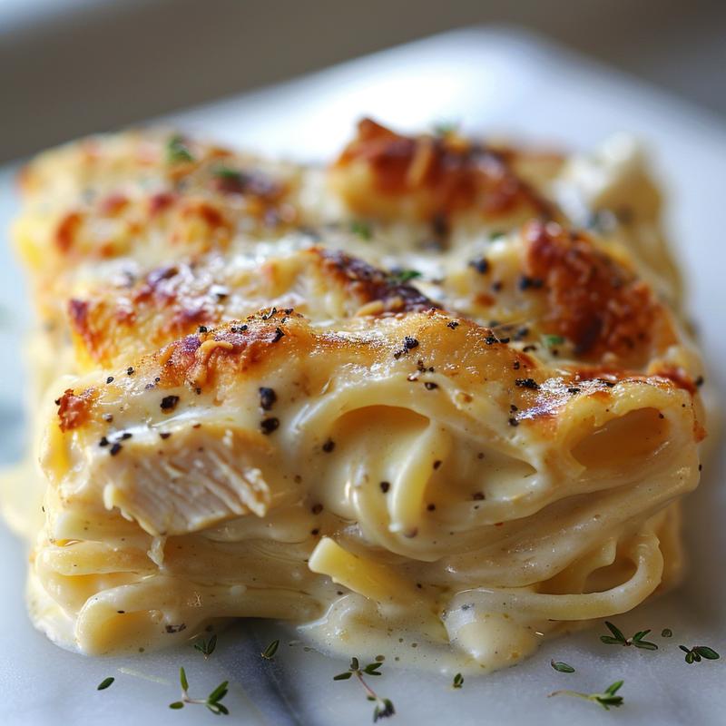 Close-up of baked chicken alfredo pasta on a marble surface.