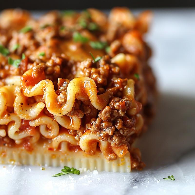 A close-up shot of baked ziti with melted cheese on a white marble surface.