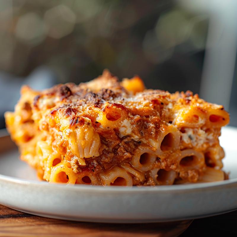 Close-up of a healthy chicken and broccoli pasta bake on a light grey plate.