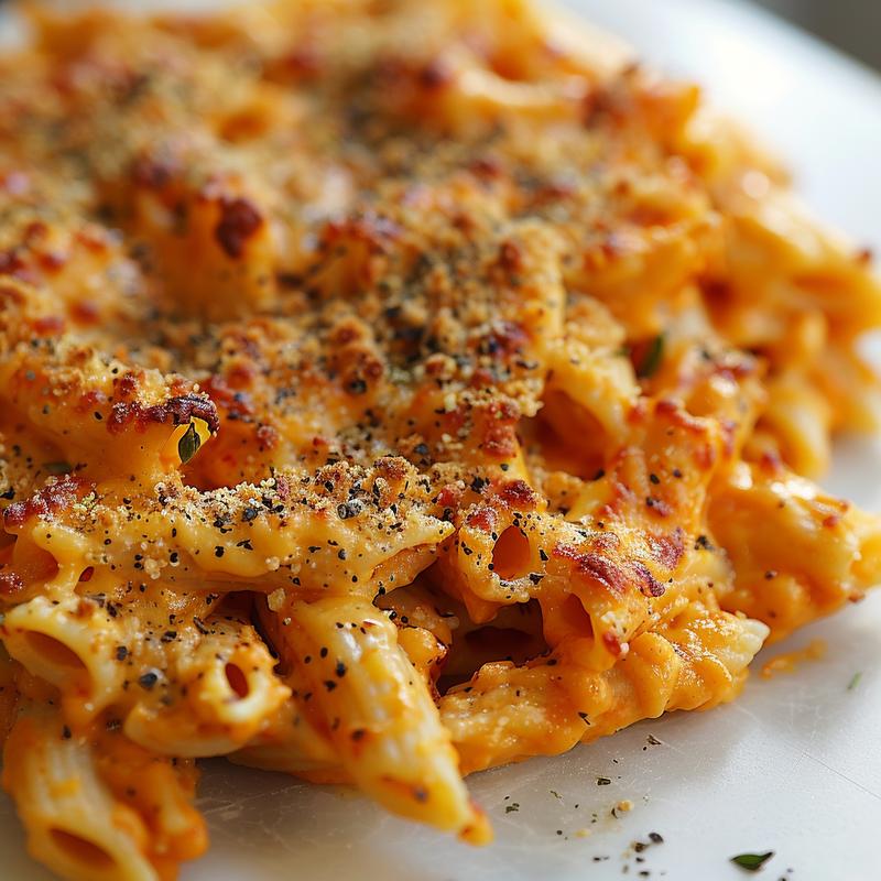 Close-up of a cheesy pasta bake on a white marble surface, showcasing golden cheese and pasta texture.