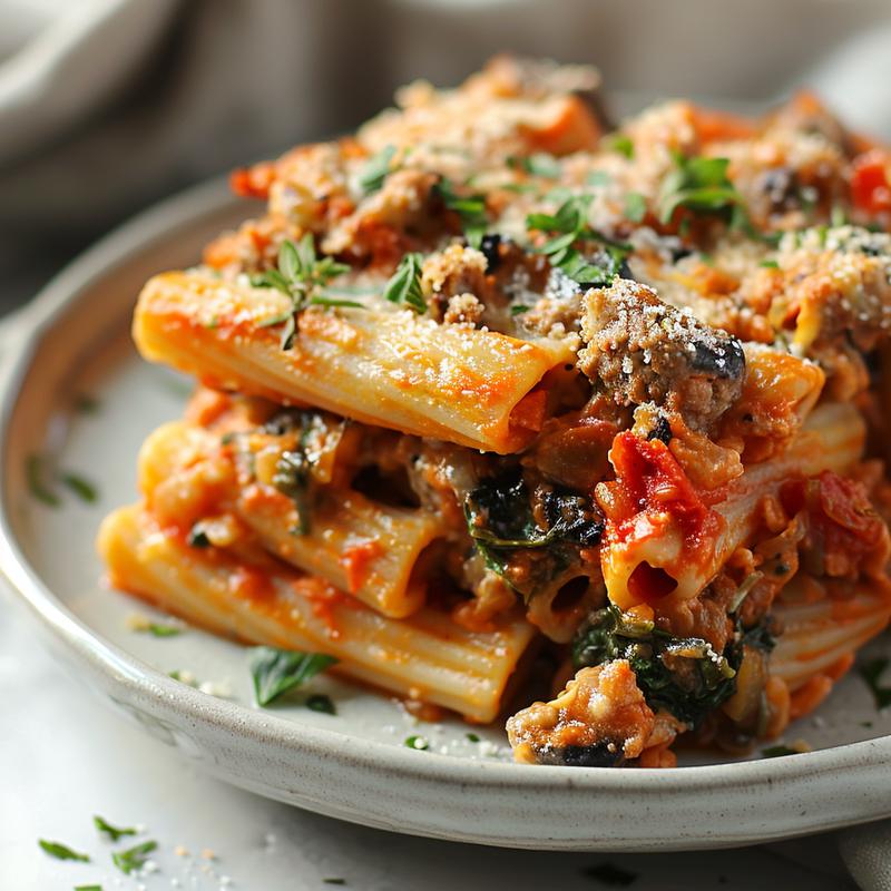Close-up of a delicious vegan pasta bake on a light grey ceramic plate.