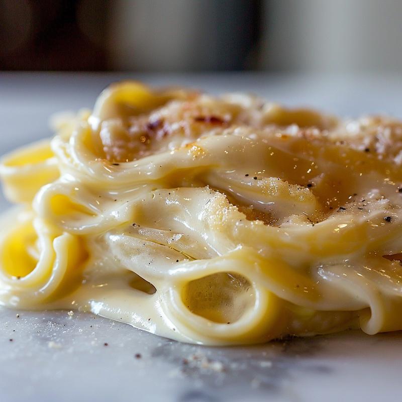 A close-up view of creamy white sauce pasta with a smooth texture on a white marble surface.