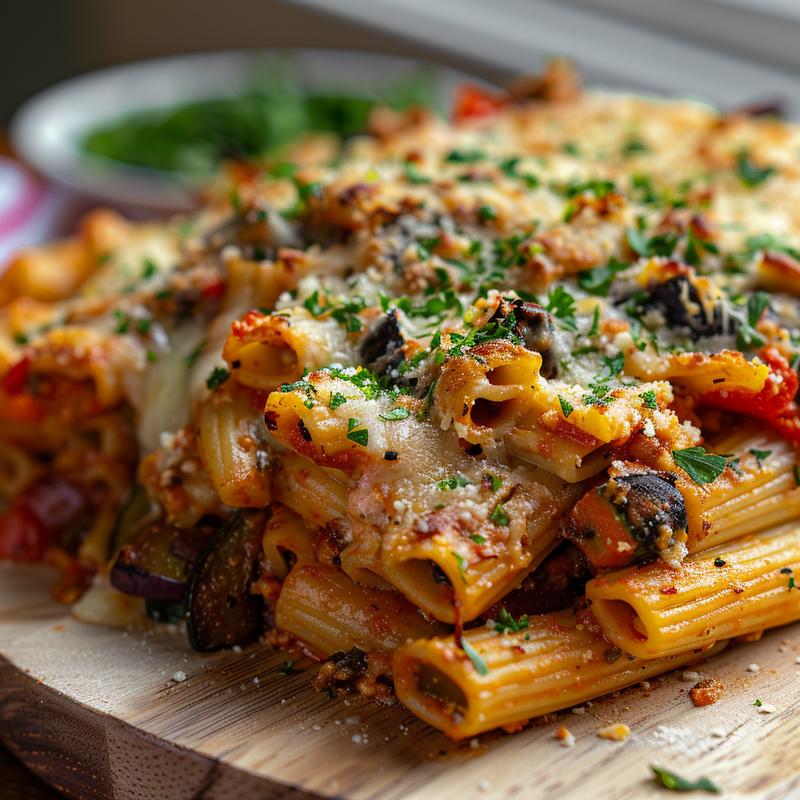 Close-up of a veggie-packed breakfast casserole on a light wood board.
