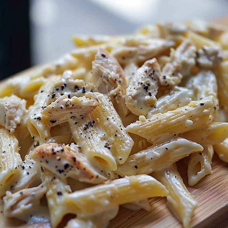 A creamy white sauce pasta with chicken served on a light wood board.