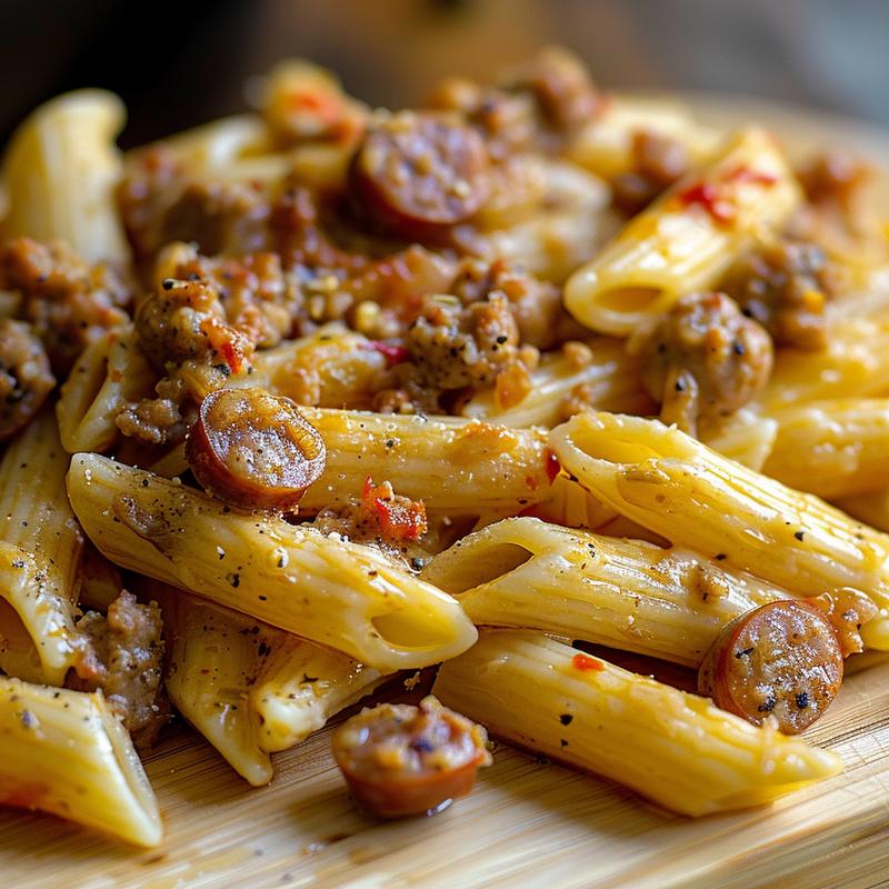 Close-up of baked penne pasta with sausage on a light wooden surface, highlighting the textures and colors.