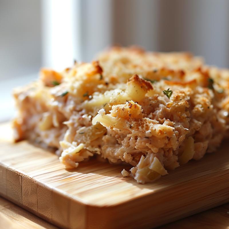 Close-up of a portion of classic tuna casserole on a natural wood board.