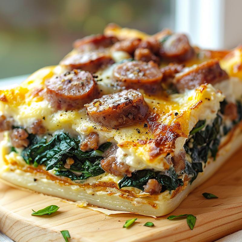Close-up of a high-protein breakfast casserole featuring turkey sausage and spinach on a wood board.
