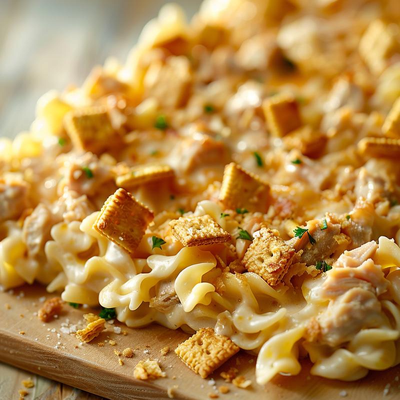 Close-up of creamy tuna noodle casserole topped with Ritz crackers on a wooden board.