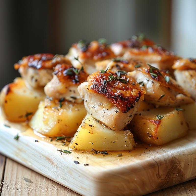 Close-up of a creamy chicken and potato casserole on a light wood board.