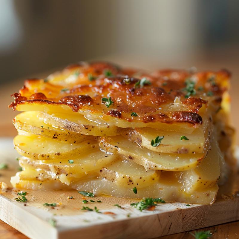 Close-up shot of a portion of various potato casseroles on a wooden board.