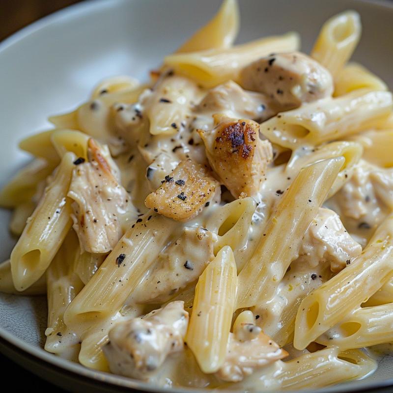 Close-up of creamy white sauce pasta with chicken on a light grey plate.