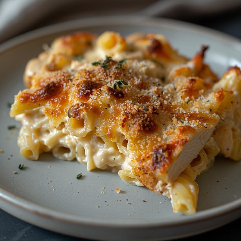 Close-up of baked chicken alfredo pasta on a light grey ceramic plate.
