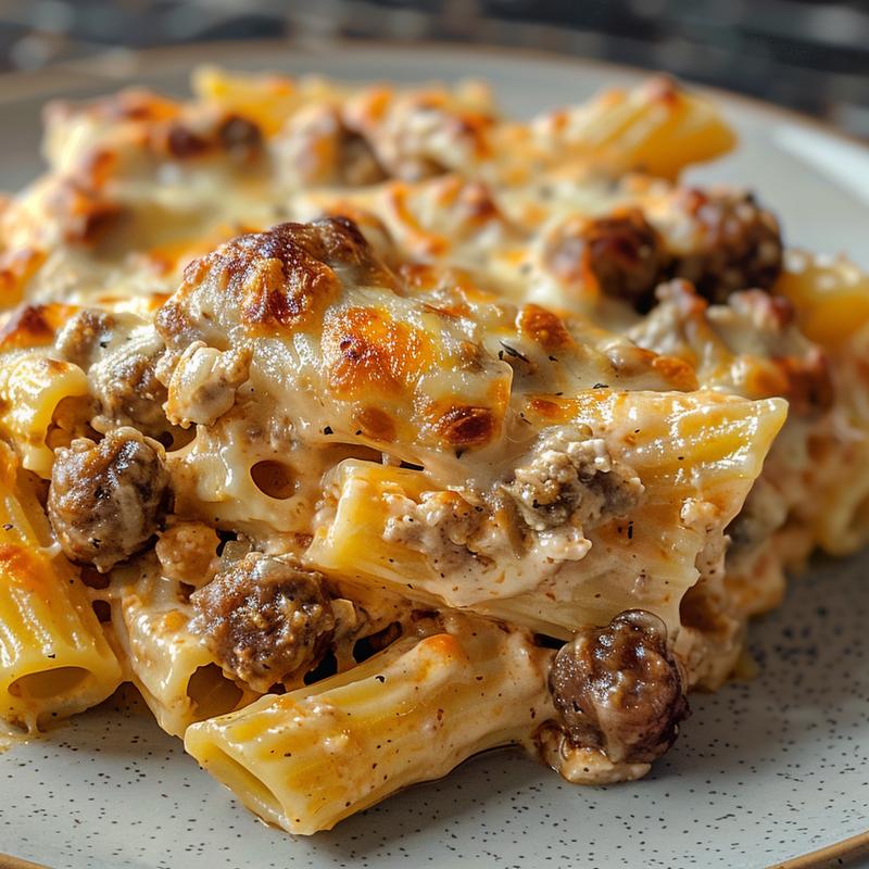 Close-up of a cheesy sausage pasta bake on a light grey ceramic plate.